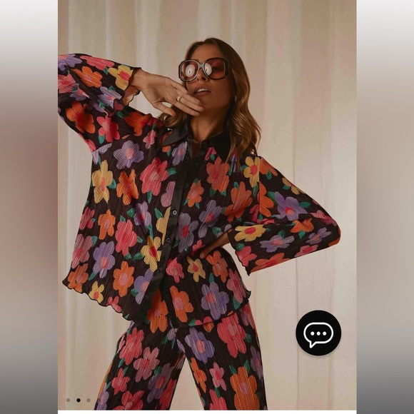 Women 2 Piece Floral set - Button Down Long Sleeve Shirt+Wide Leg Pants - Picture 4 of 7